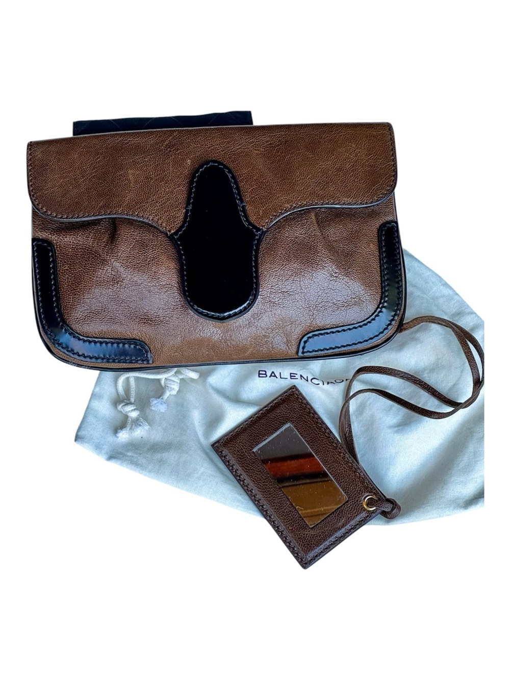 Balenciaga Brown and Black Leather Clutch with Mirror and Dust Bag EUC